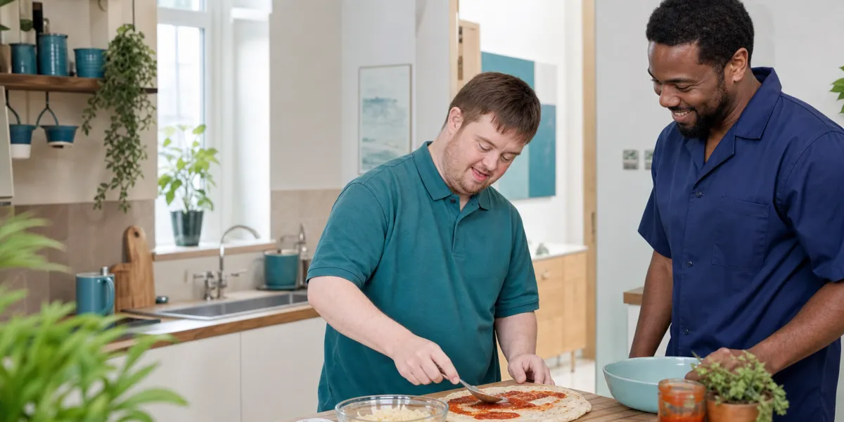 Support worker preparing a meal with a person in supported living