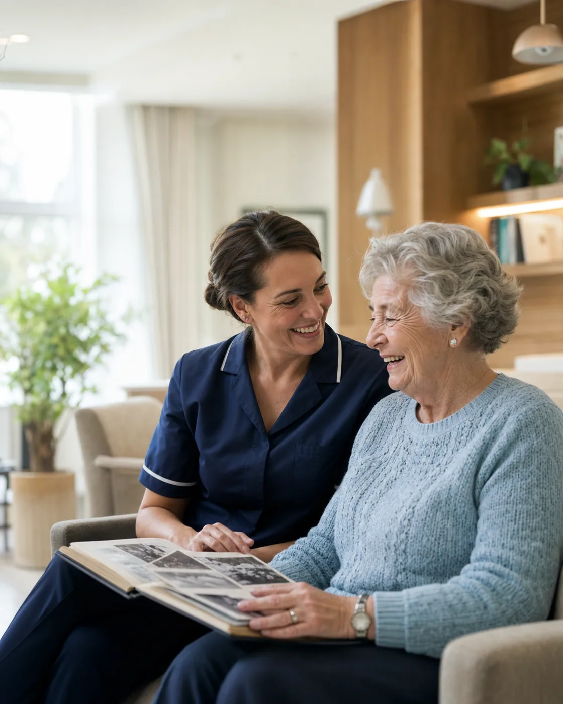 Care worker sharing a warm moment with a resident